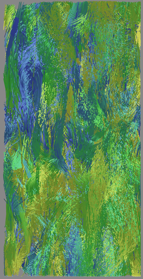 An image of trajectories of particles of a flotation simulation visualized as blue-green-yellow ribbons.