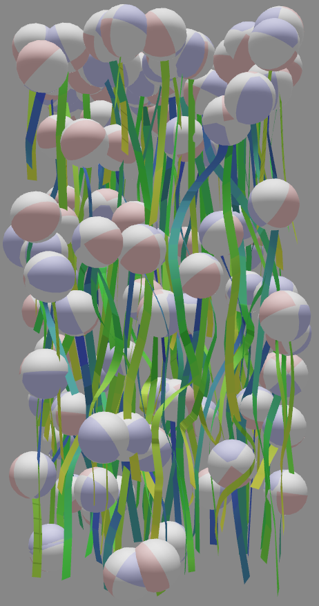 An image of trajectories of bubbles of a flotation data set visualized as blue-green-yellow colored ribbons together with spheres representing the bubbles.