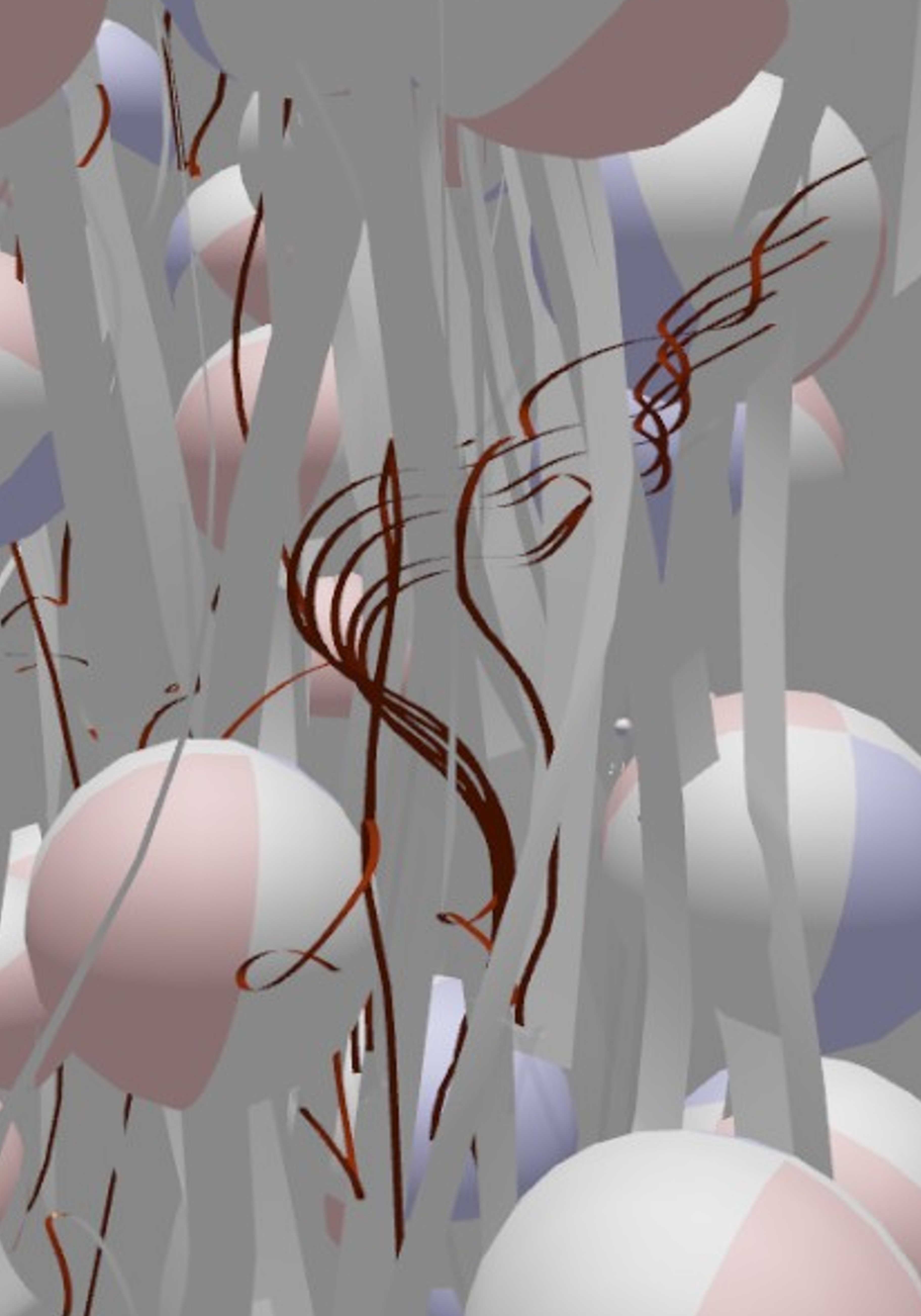 An image showing a detail of the retrieval results of the 3D spiral-like sketch colored in brown in context of the trajectories of the bubbles which are represented by spheres.