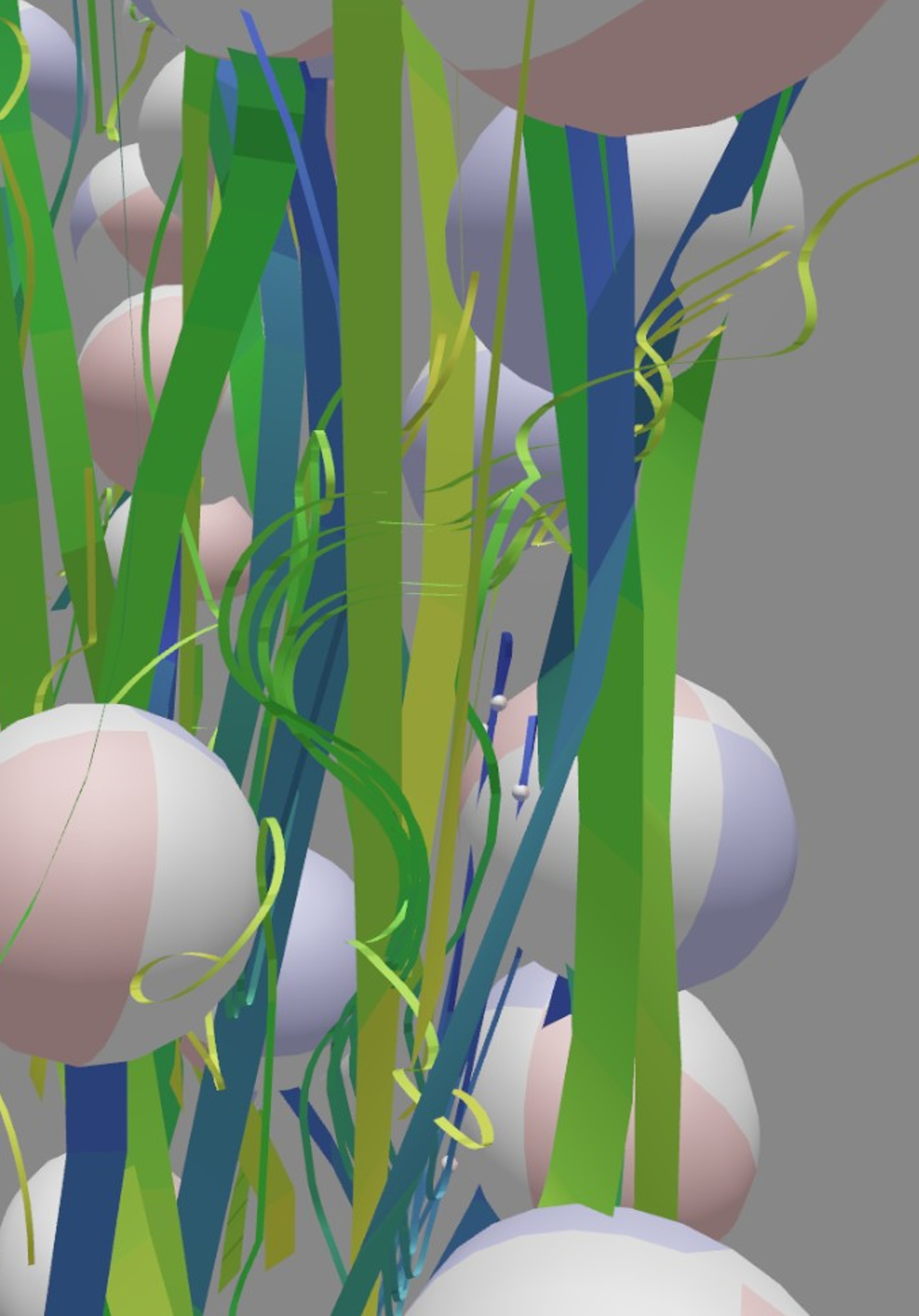 An image showing a detail of the retrieval result for the 3D spiral-like sketch using the color to encode time on the trajectories of the bubbles and particles together with spheres representing bubbles.