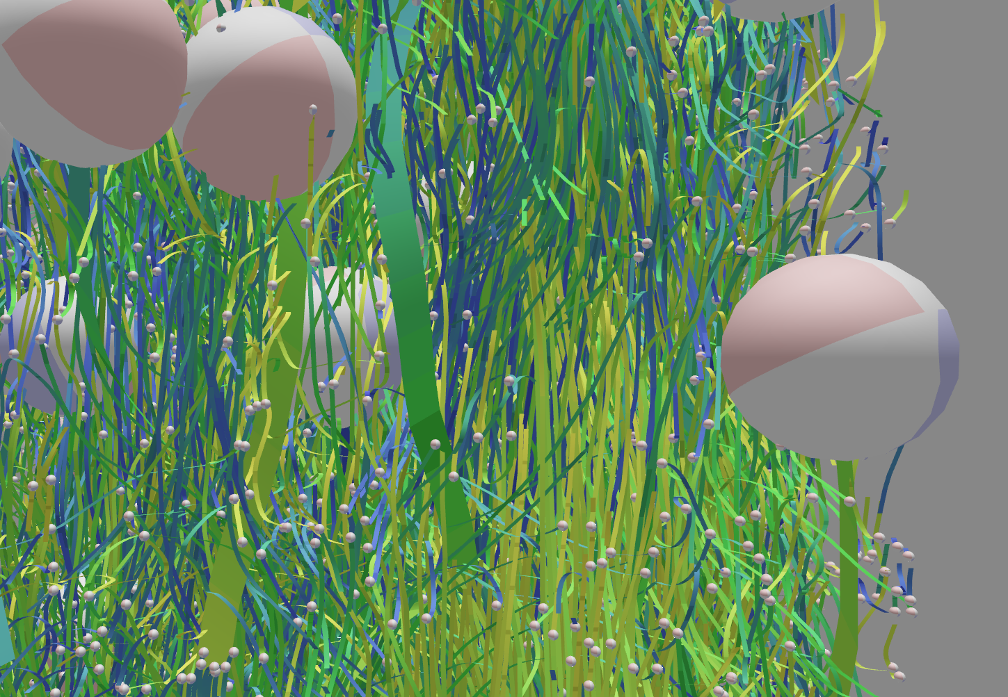 A screenshot of the analysis tool showing colored ribbons for the trajectories and spheres for the particles and bubbles.