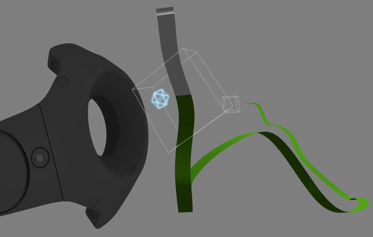 A screenshot of the analysis tool showing the VR controller selecting a green colored segment of a trajectory through a wireframe indicator.